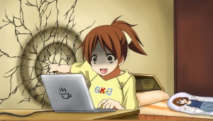 anime girl having a crisis with a laptop